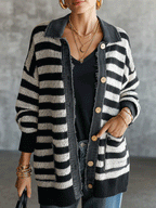 Women's Striped Button-Up Knit Raw-Edge Trim And Pockets Cardigan