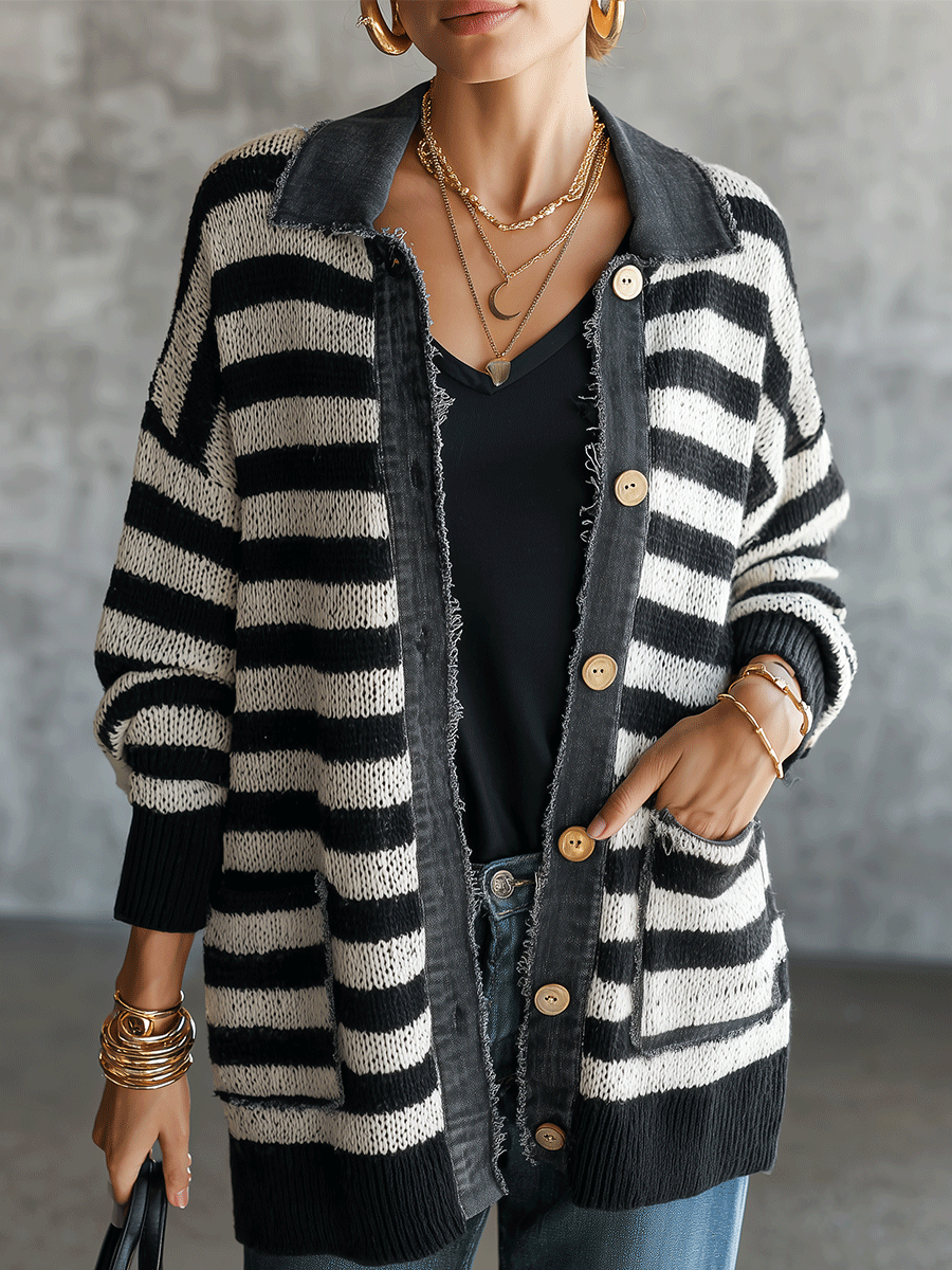Women's Striped Button-Up Knit Raw-Edge Trim And Pockets Cardigan