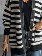 Women's Striped Button-Up Knit Raw-Edge Trim And Pockets Cardigan