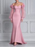 Pink Fall Wedding Guest Dress Sweetheart Floral Sleeve Mermaid Maxi Dress