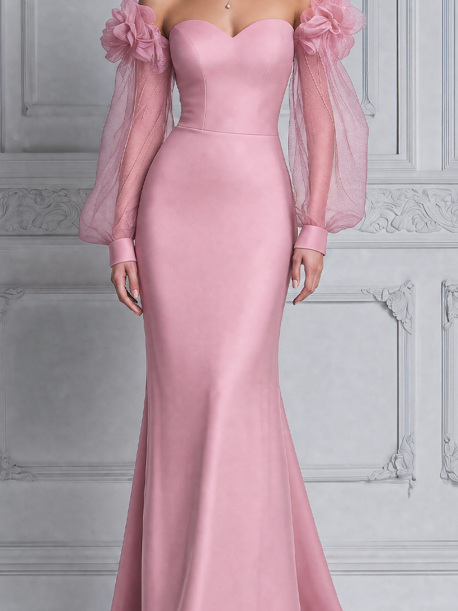 Pink Fall Wedding Guest Dress Sweetheart Floral Sleeve Mermaid Maxi Dress