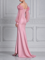 Pink Fall Wedding Guest Dress Sweetheart Floral Sleeve Mermaid Maxi Dress