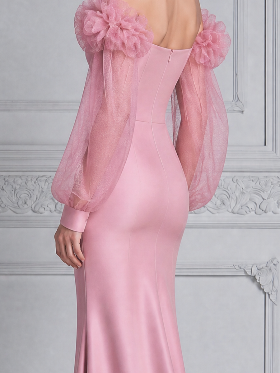 Pink Fall Wedding Guest Dress Sweetheart Floral Sleeve Mermaid Maxi Dress