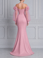 Pink Fall Wedding Guest Dress Sweetheart Floral Sleeve Mermaid Maxi Dress