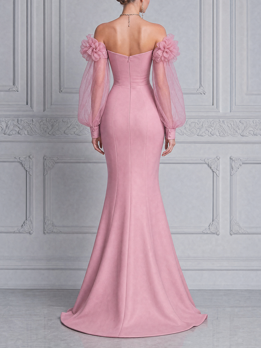 Pink Fall Wedding Guest Dress Sweetheart Floral Sleeve Mermaid Maxi Dress