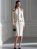 Cold-Shoulder Contrast-Trim Gold Button Sheath Midi Dress