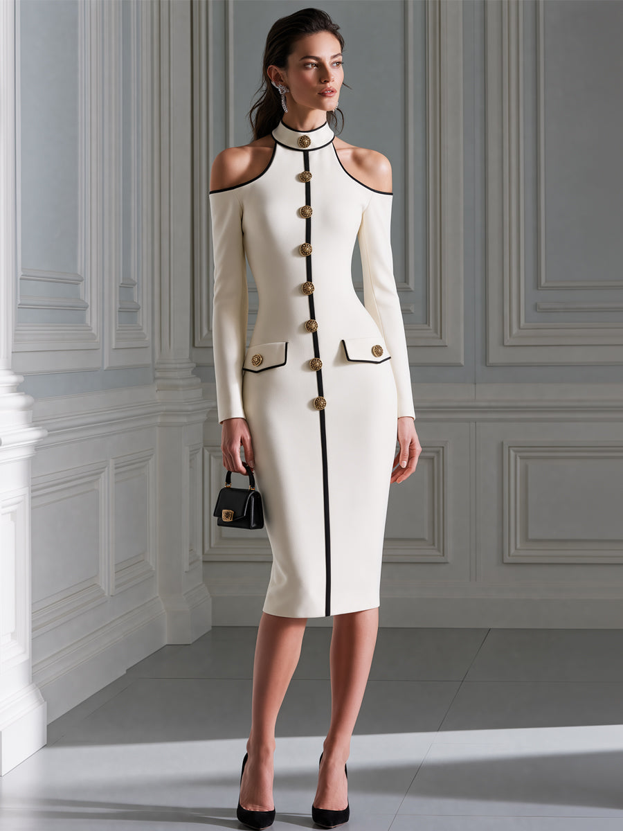 Cold-Shoulder Contrast-Trim Gold Button Sheath Midi Dress