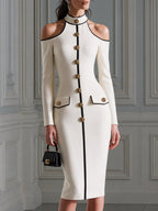 Cold-Shoulder Contrast-Trim Gold Button Sheath Midi Dress