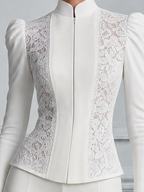 White Lace Stand Collar Puff Sleeve Tailored Blouse