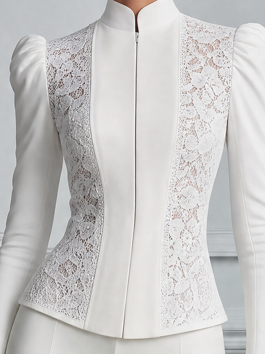 White Lace Stand Collar Puff Sleeve Tailored Blouse