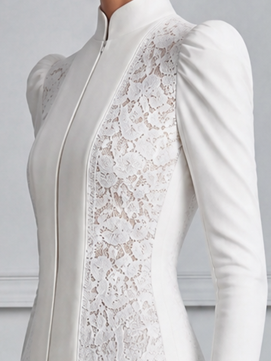 White Lace Stand Collar Puff Sleeve Tailored Blouse