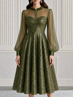 Sequin Illusion Neckline Sheer Sleeves A-Line Midi Dress