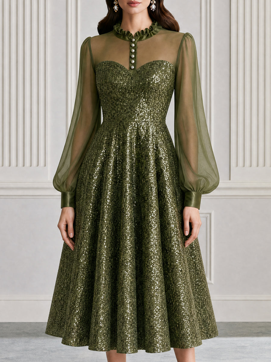 Sequin Illusion Neckline Sheer Sleeves A-Line Midi Dress