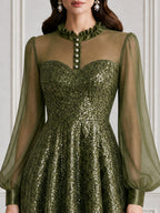 Sequin Illusion Neckline Sheer Sleeves A-Line Midi Dress