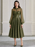 Sequin Illusion Neckline Sheer Sleeves A-Line Midi Dress