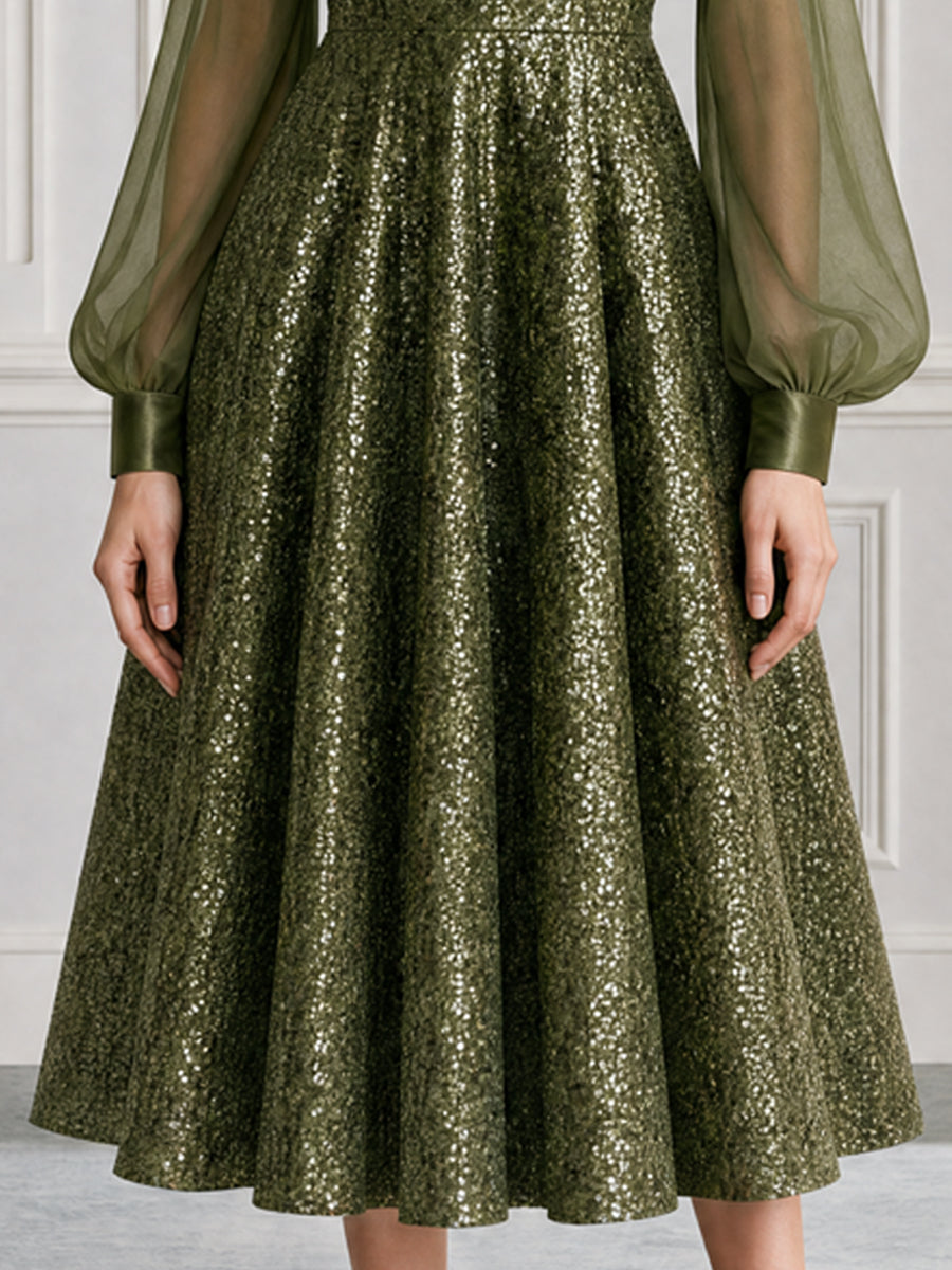 Sequin Illusion Neckline Sheer Sleeves A-Line Midi Dress