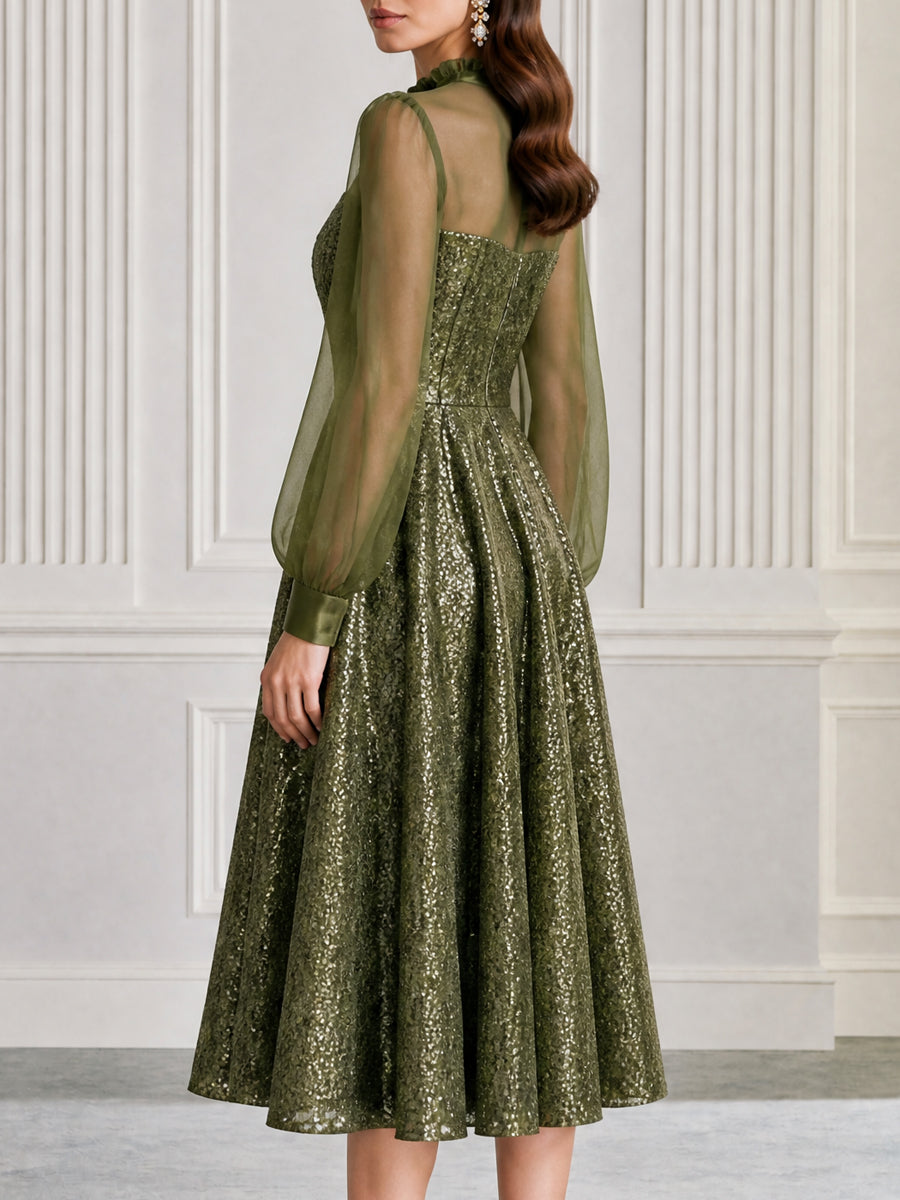 Sequin Illusion Neckline Sheer Sleeves A-Line Midi Dress