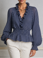 Navy Striped Ruffle V-Neck Smocked Waist Blouse