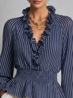 Navy Striped Ruffle V-Neck Smocked Waist Blouse