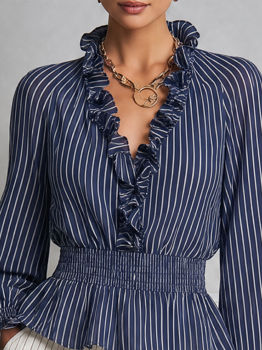 Navy Striped Ruffle V-Neck Smocked Waist Blouse