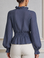 Navy Striped Ruffle V-Neck Smocked Waist Blouse