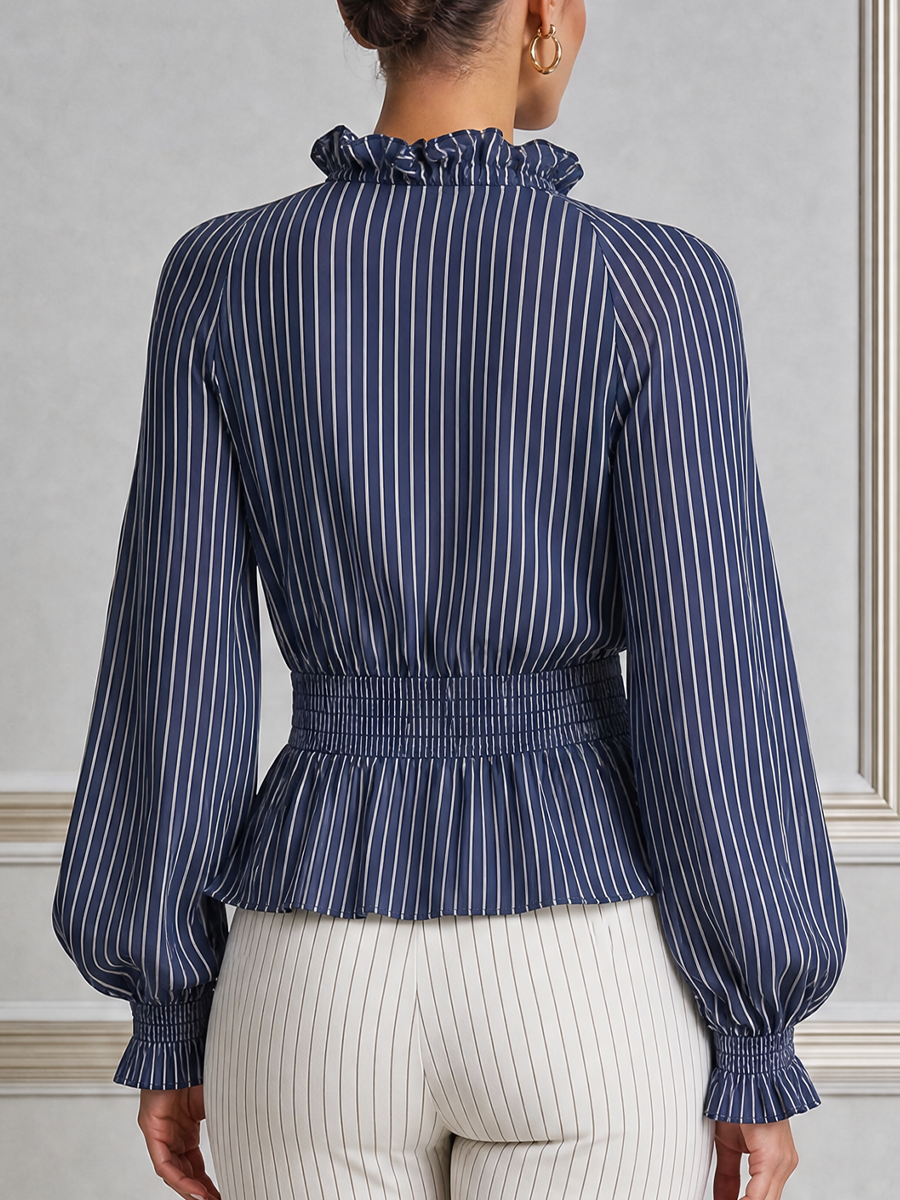 Navy Striped Ruffle V-Neck Smocked Waist Blouse