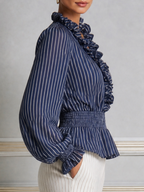 Navy Striped Ruffle V-Neck Smocked Waist Blouse