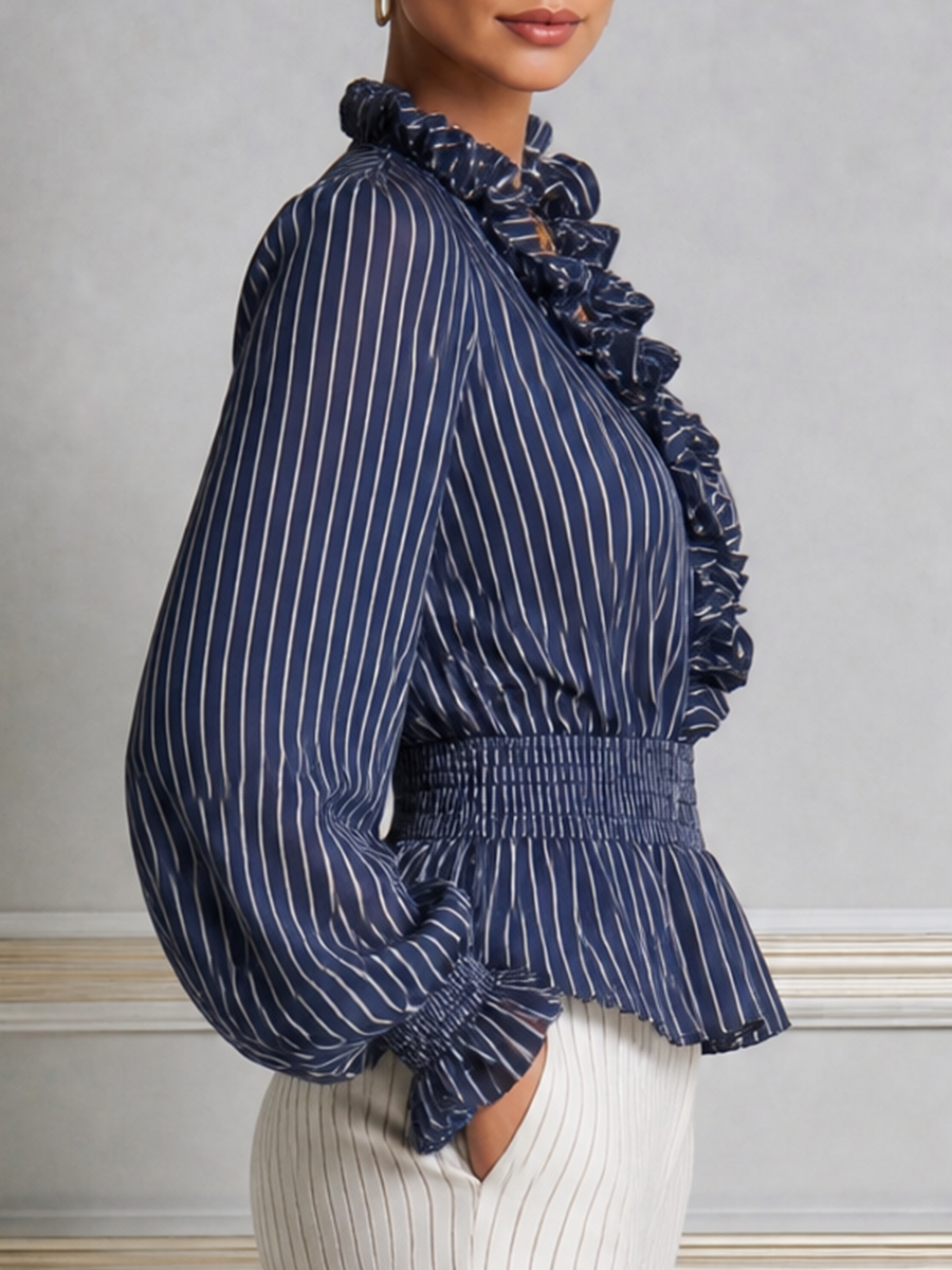 Navy Striped Ruffle V-Neck Smocked Waist Blouse