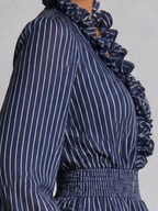 Navy Striped Ruffle V-Neck Smocked Waist Blouse
