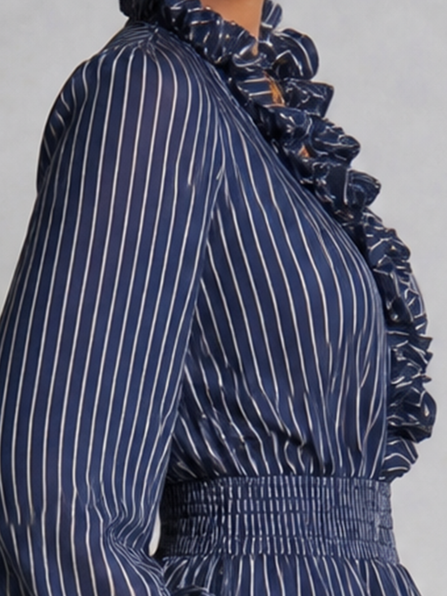 Navy Striped Ruffle V-Neck Smocked Waist Blouse