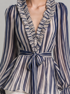 Navy Striped Ruffle V-Neck Tie Waist Chiffon Blouse