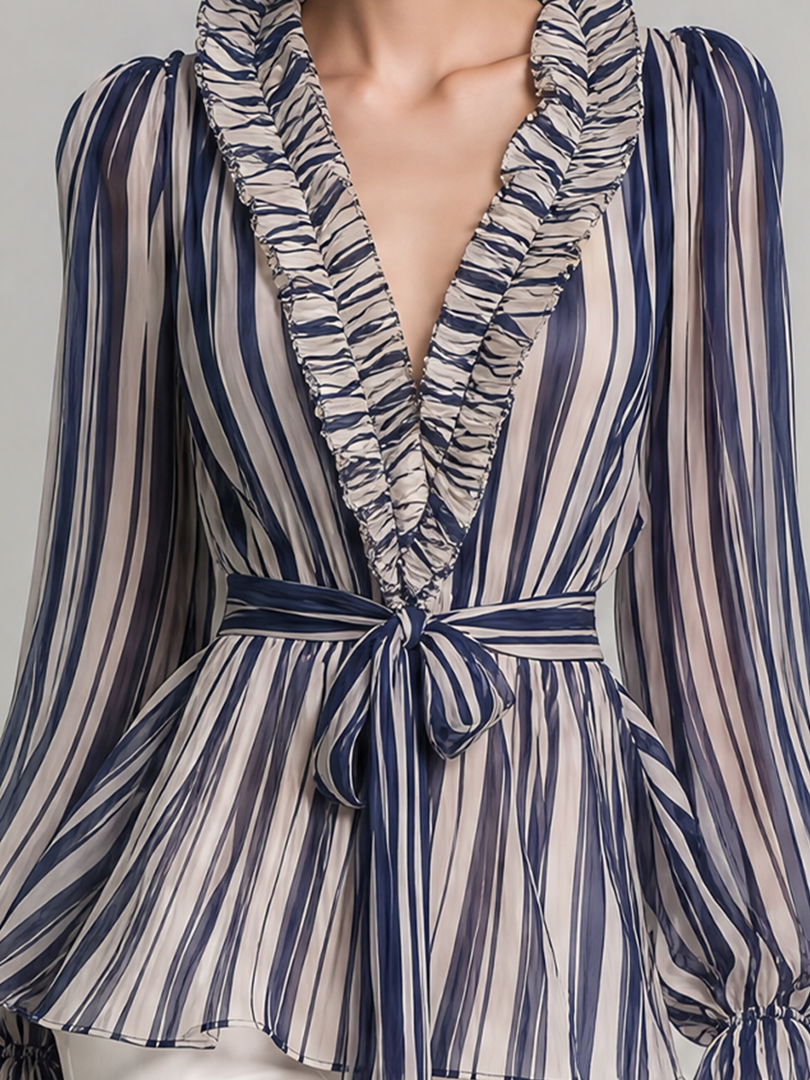 Navy Striped Ruffle V-Neck Tie Waist Chiffon Blouse