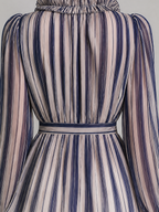 Navy Striped Ruffle V-Neck Tie Waist Chiffon Blouse