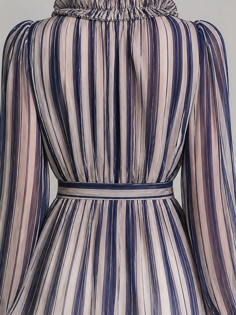 Navy Striped Ruffle V-Neck Tie Waist Chiffon Blouse