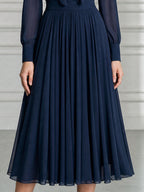 Elegant Ruffle-Front Chiffon Pleated Chiffon Midi Dress