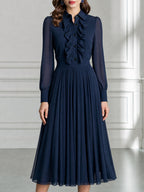 Elegant Ruffle-Front Chiffon Pleated Chiffon Midi Dress