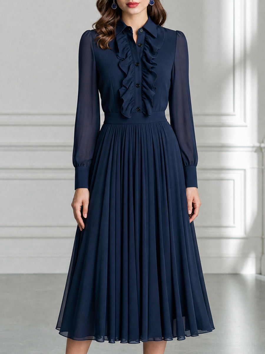 Elegant Ruffle-Front Chiffon Pleated Chiffon Midi Dress
