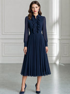 Elegant Ruffle-Front Chiffon Pleated Chiffon Midi Dress