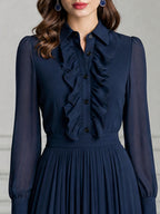 Elegant Ruffle-Front Chiffon Pleated Chiffon Midi Dress