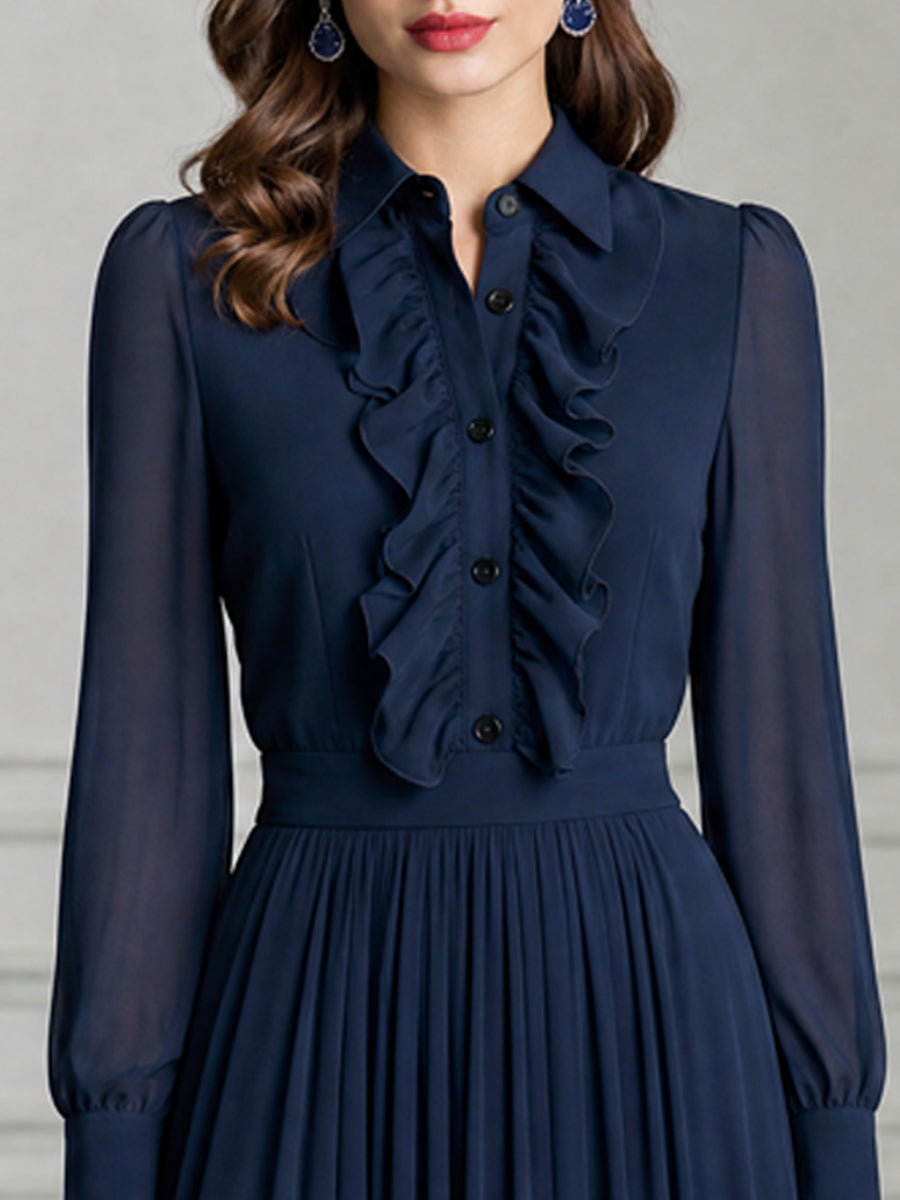 Elegant Ruffle-Front Chiffon Pleated Chiffon Midi Dress