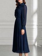 Elegant Ruffle-Front Chiffon Pleated Chiffon Midi Dress