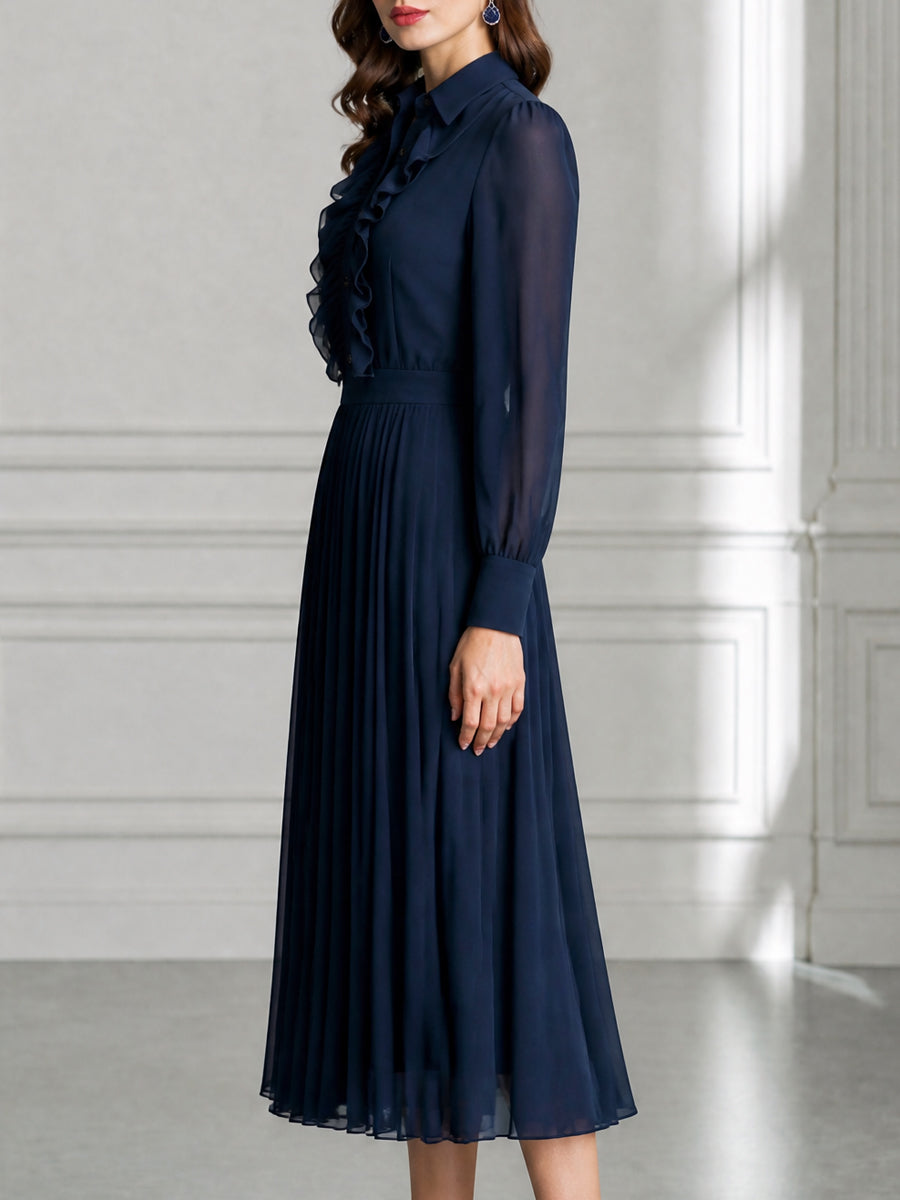 Elegant Ruffle-Front Chiffon Pleated Chiffon Midi Dress