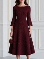 Sparkle Knit Boat Neck Bell Sleeve Fit-and-Flare Midi Dress