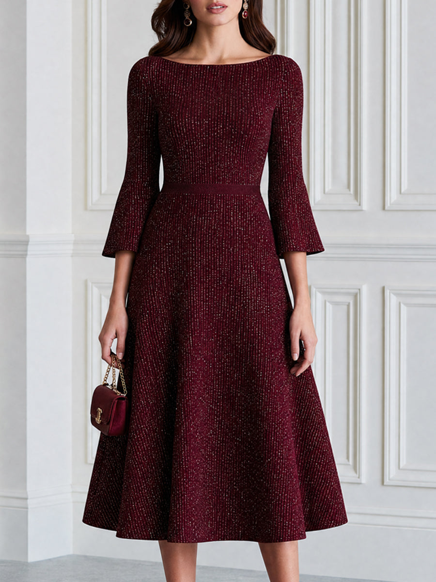 Sparkle Knit Boat Neck Bell Sleeve Fit-and-Flare Midi Dress