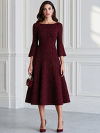 Sparkle Knit Boat Neck Bell Sleeve Fit-and-Flare Midi Dress
