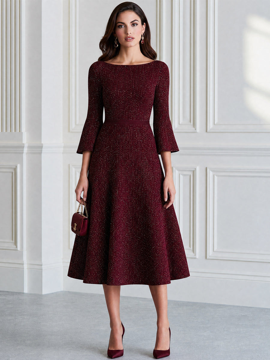 Sparkle Knit Boat Neck Bell Sleeve Fit-and-Flare Midi Dress