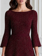 Sparkle Knit Boat Neck Bell Sleeve Fit-and-Flare Midi Dress