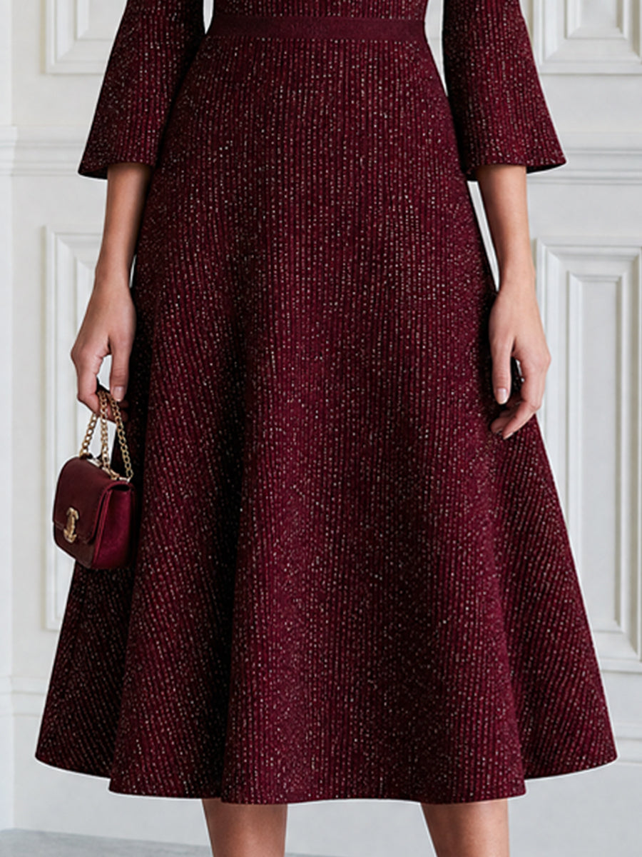 Sparkle Knit Boat Neck Bell Sleeve Fit-and-Flare Midi Dress