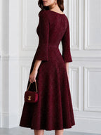 Sparkle Knit Boat Neck Bell Sleeve Fit-and-Flare Midi Dress