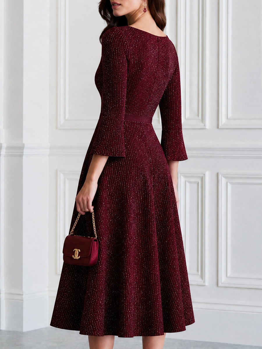 Sparkle Knit Boat Neck Bell Sleeve Fit-and-Flare Midi Dress
